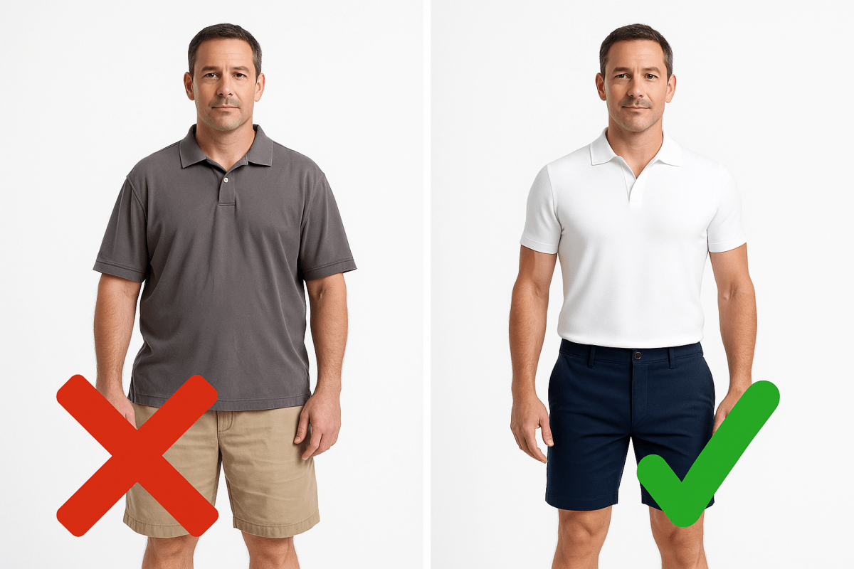 Showing baggy loose chino shorts compared Kojo fit chino shorts and rayon knit polo shirt