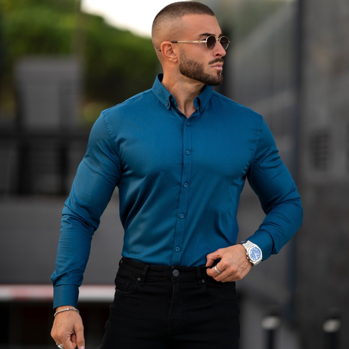 Mens Slim Fit Long Sleeve Dress Shirt - Teal - Muscle Fit Stretch Button Up Shirt, XL Mens Slim Fit Long Sleeve Dress Shirt - Teal - Muscle Fit Stretch Button Up Shirt, XL