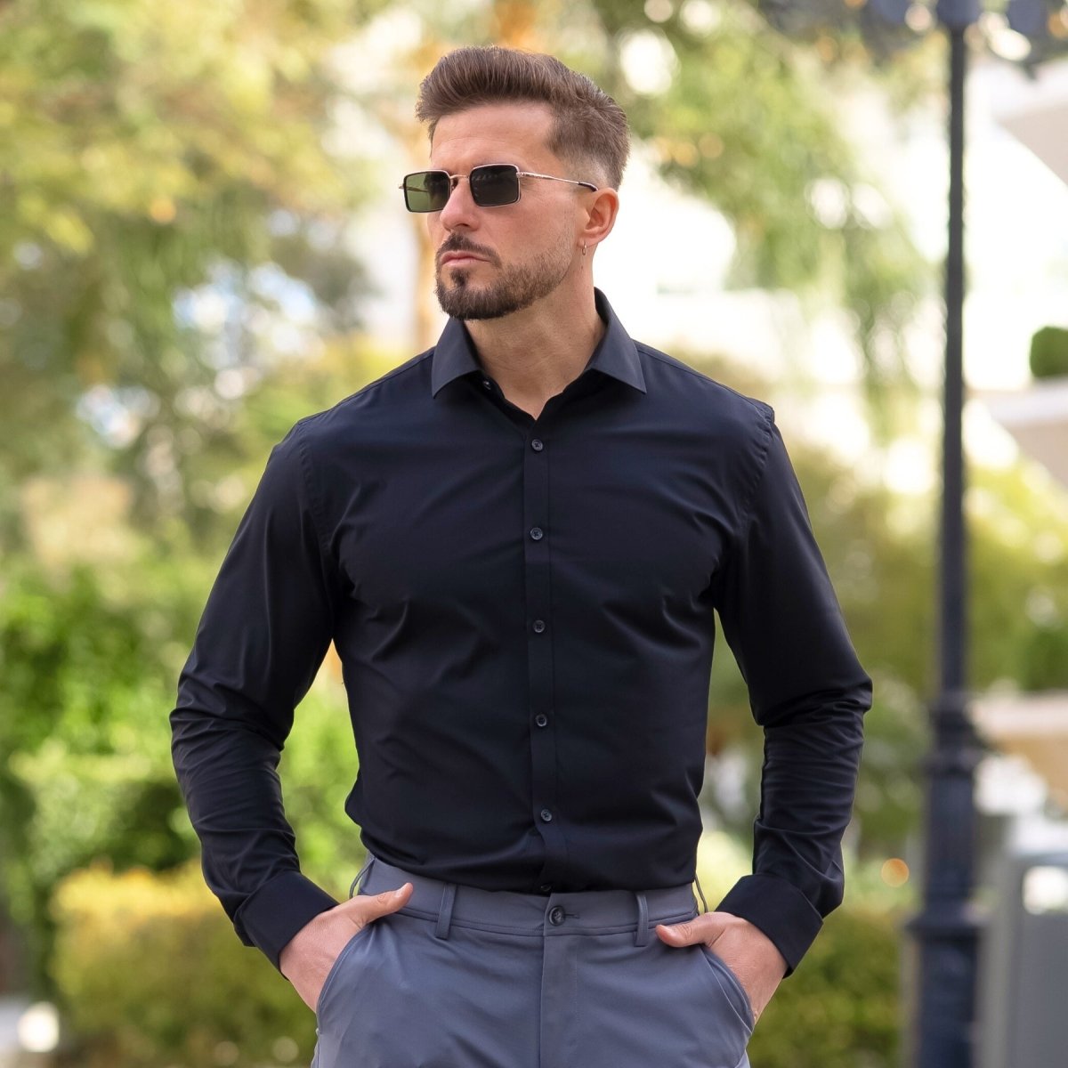 Mens Slim Fit Stretch Dress Shirt - Black - Muscle Fit Bamboo Business Shirt, XXXL Mens Slim Fit Stretch Dress Shirt - Black - Muscle Fit Bamboo Business Shirt, XXXL