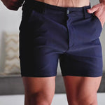 Men’s navy short leg length chino shorts dress style classy fit that shows off legs