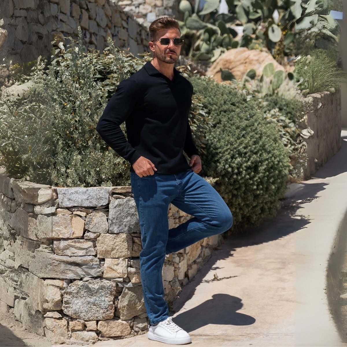 Mens Black Long Sleeve Polo with open collar and slim fit