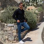 Mens Black Long Sleeve Polo with open collar and slim fit