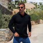 Man wearing muscle fit long sleeve polo black open collar