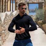 Athletic Man wearing fitted long sleeve polo in black