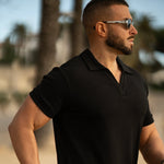 Fitted Bicep Mens Revere Collar Black Polo Shirt Stretch Rayon Comfort