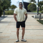 Yellow Polo Shirt Outfit Black Shorts Summer Wedding