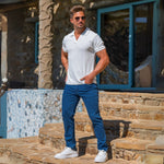 White open collar stretch polo shirt with blue jeans outfit style kojo fit