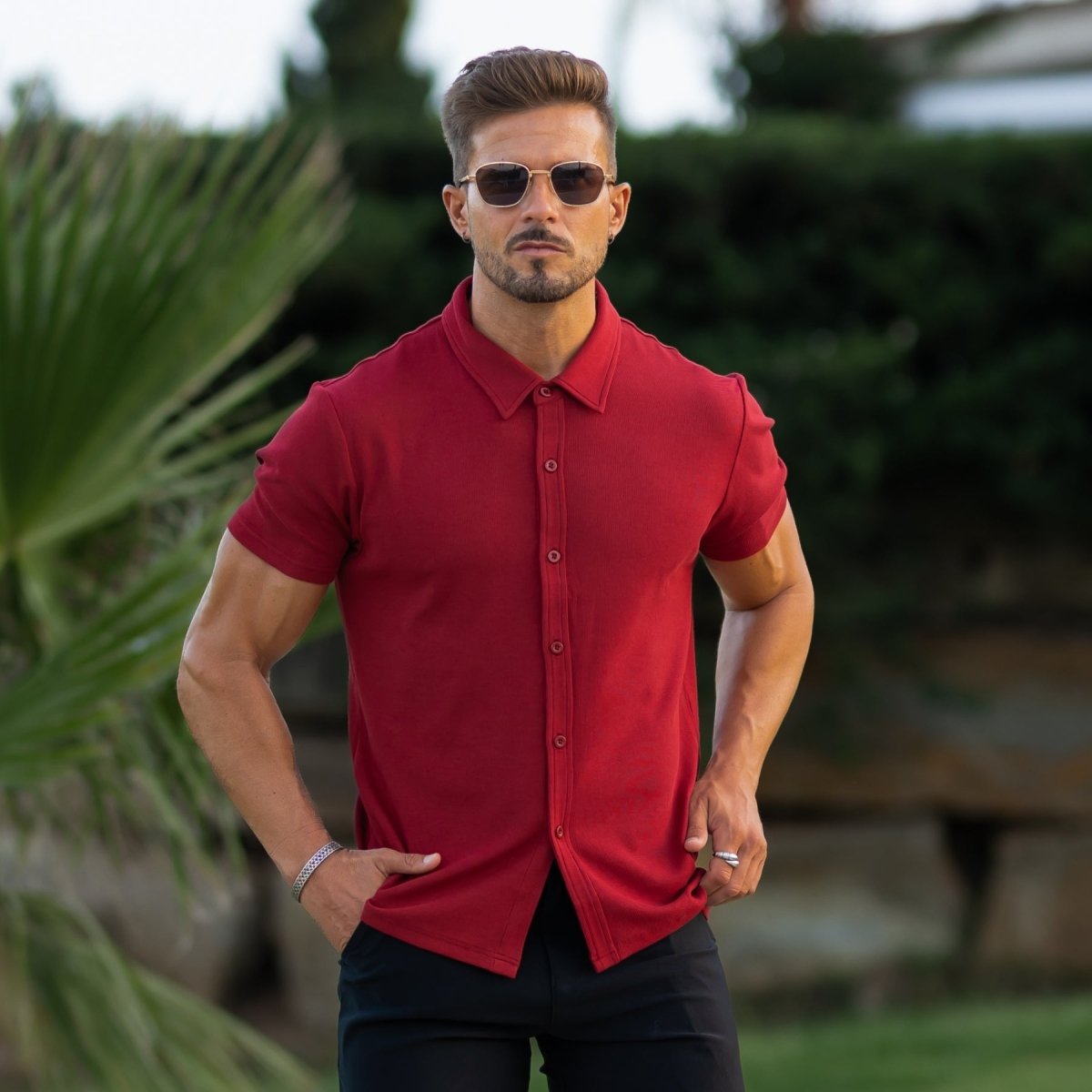 Mens Stretch Short Sleeve Shirt - Red - Athletic Fit Going Out Shirt, XXXL Mens Stretch Short Sleeve Shirt - Red - Athletic Fit Going Out Shirt, XXXL