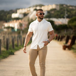 Slim Fitted Stretch White Knit Short Sleeve Button Up Shirt