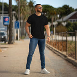 Kemeja-T Rayon Berjalur - Hitam