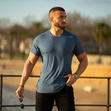 Kemeja-T Rayon Berjalur - Biru Laut