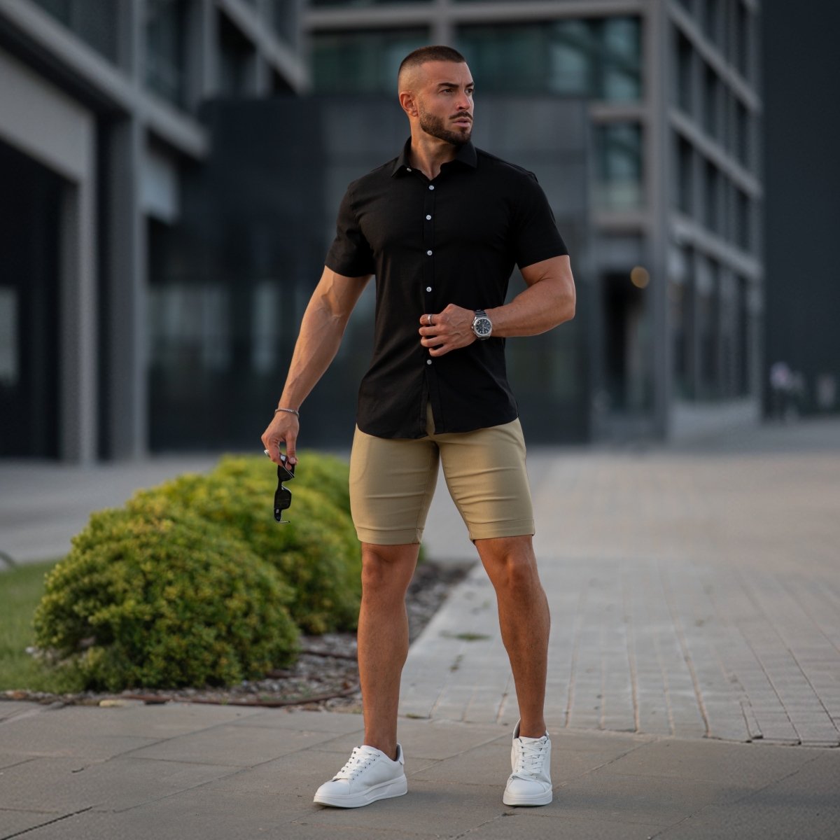 Black Polo Khaki Shorts Black Silk Knitted Short Sleeve Open