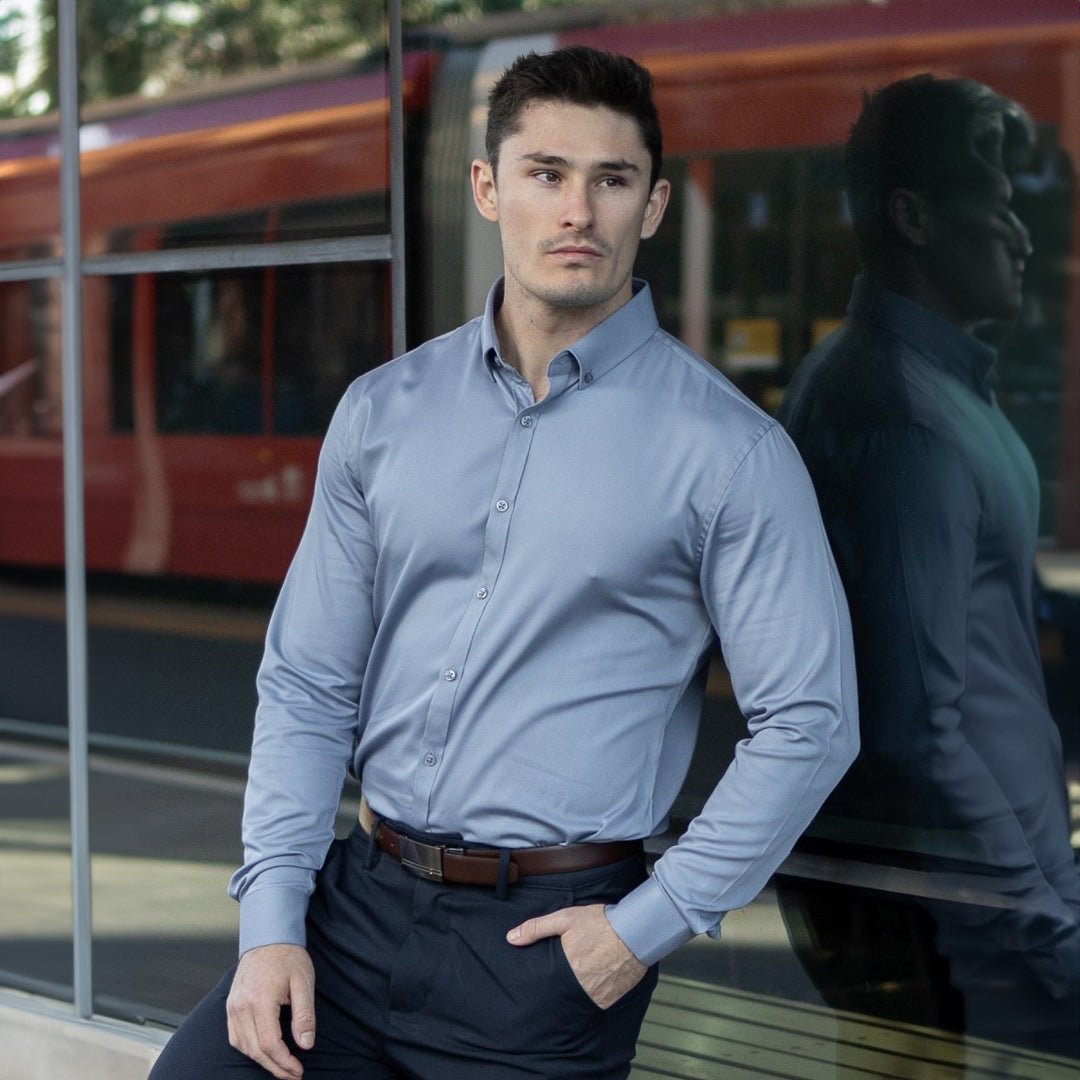 Mens Athletic Fit Button Up Shirt - Silver - Bamboo Stretch Breathable Formal Shirt, XS Mens Athletic Fit Button Up Shirt - Silver - Bamboo Stretch Breathable Formal Shirt, XS