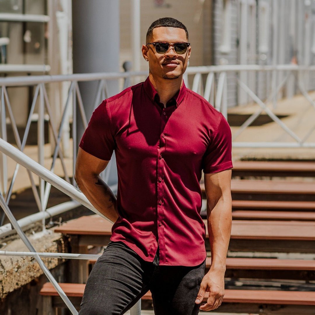 Burgundy short sleeve button up discount