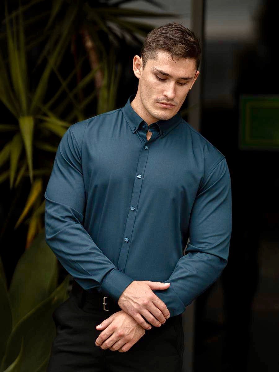 Emerald Green Long Sleeve Muscle Fit Dress Shirt Button Down Collar Kojo Fit Emerald Green Long Sleeve Muscle Fit Dress Shirt Button Down Collar Kojo Fit