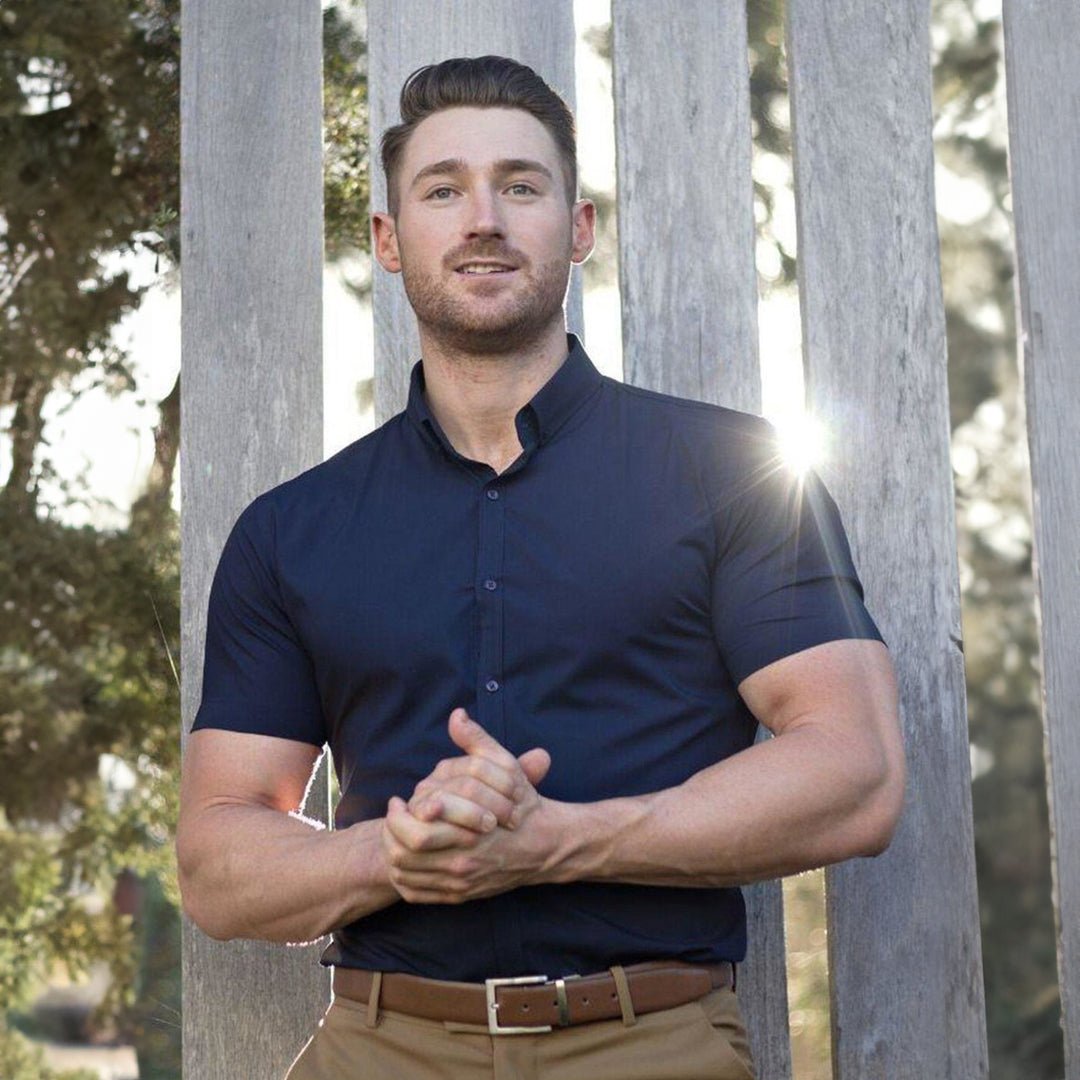 Navy Muscle Fit Polo Shirt Short Sleeve by Tapered Menswear | Mens Slim Fitted Polo | No Logo | Tight Sleeve, XXL