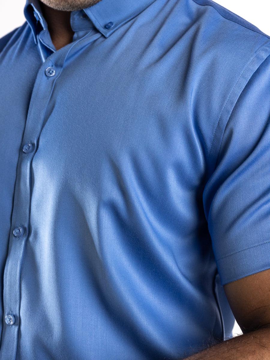 Return Sale - Bamboo Satin Stretch Short Sleeve Shirt - Cobalt Blue - Kojo Fit