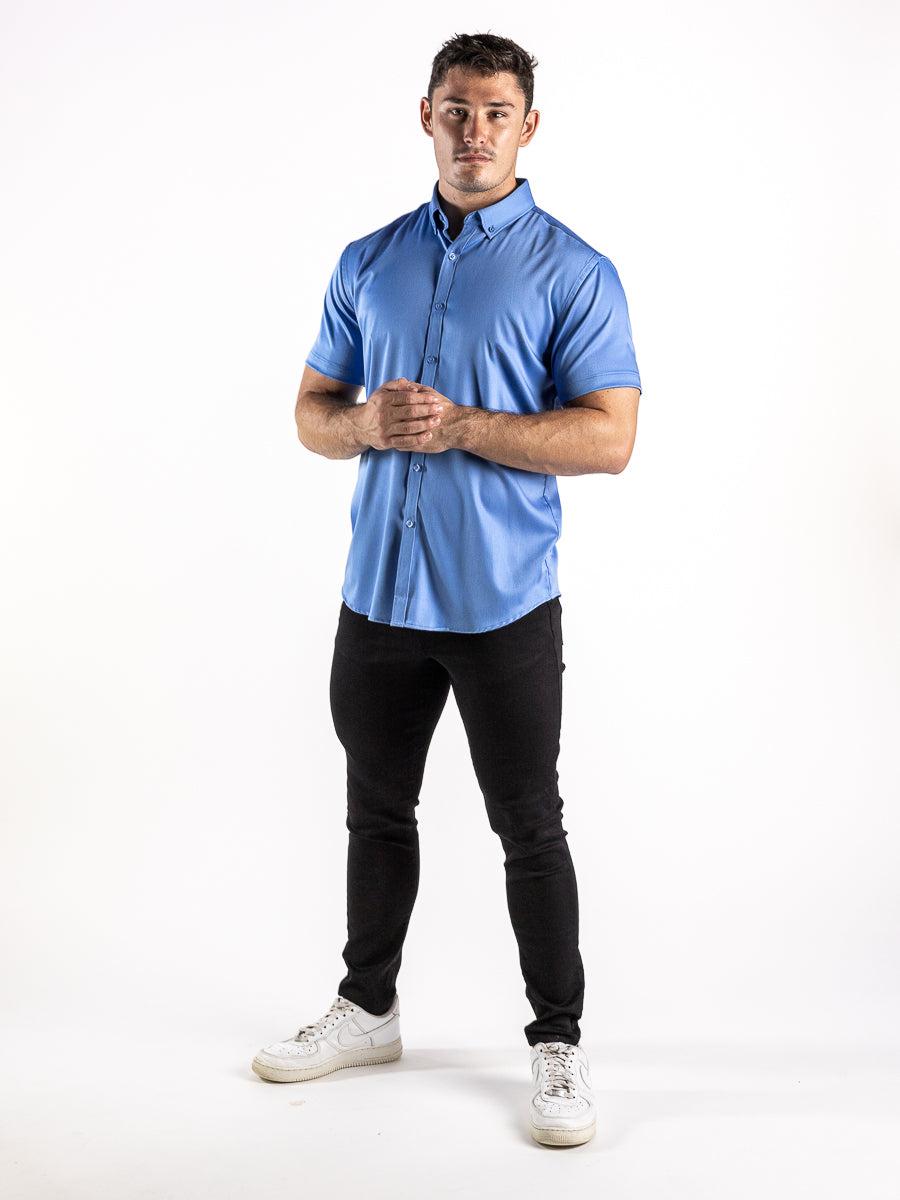 Return Sale - Bamboo Satin Stretch Short Sleeve Shirt - Cobalt Blue - Kojo Fit