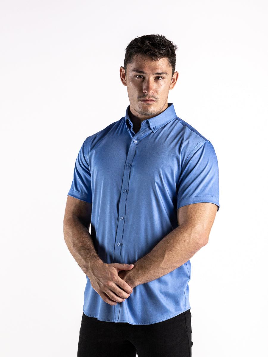 Return Sale - Bamboo Satin Stretch Short Sleeve Shirt - Cobalt Blue - Kojo Fit