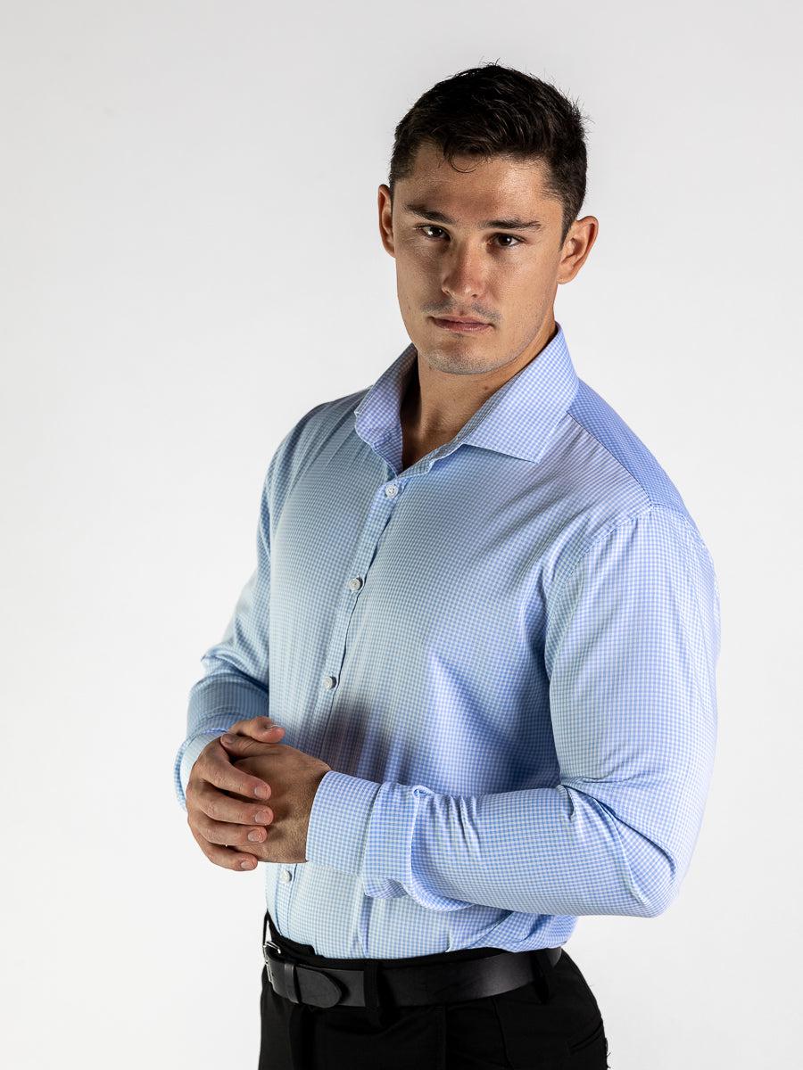 Performance Bamboo Dress Shirt - Light Blue Gingham - Kojo Fit