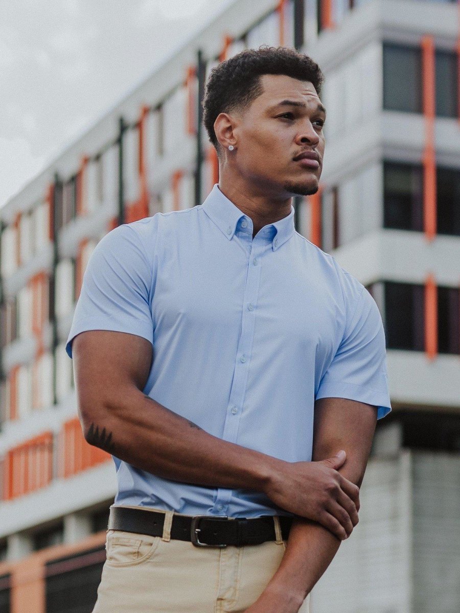 Sky Blue Athletic Fit Short Sleeve Shirt Sky Blue Shirt Tapered