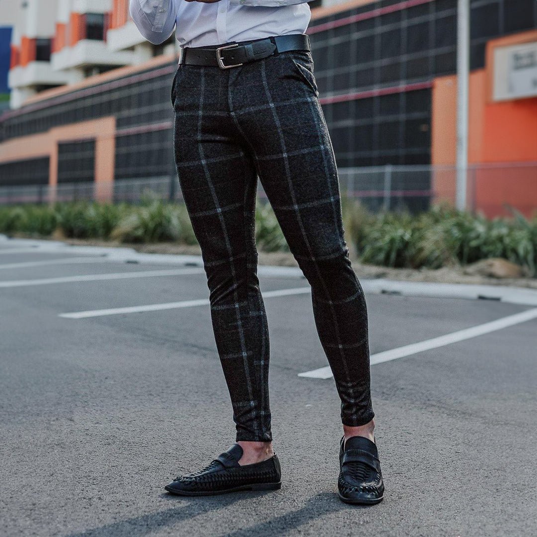Black Checkered Skinny Fit Chino Pants with Stretch