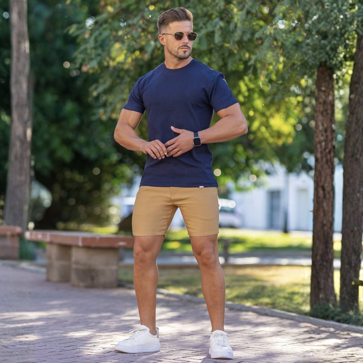 Best Mens Dress Shorts with premium navy t-shirt by Kojo Fit