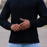 Stretch Knit Long Sleeve Button Up Shirt - Black