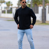 Stretch Knit Long Sleeve Button Up Shirt - Black