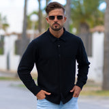Stretch Knit Long Sleeve Button Up Shirt - Black