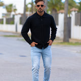 Stretch Knit Long Sleeve Button Up Shirt - Black