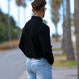 Stretch Knit Long Sleeve Button Up Shirt - Black