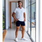 5" Black Chino Shorts For Muscular Legs White Polo Outfit Summer Mens Style