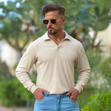 Stretch Knit Long Sleeve Polo - Cream