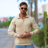 Stretch Knit Long Sleeve Polo - Cream