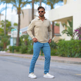 Stretch Knit Long Sleeve Polo - Cream