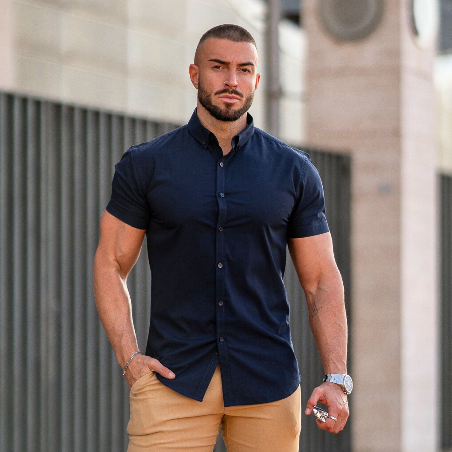 Navy Short Sleeve Muscle Fit Button Up Shirt | Kojo Fit