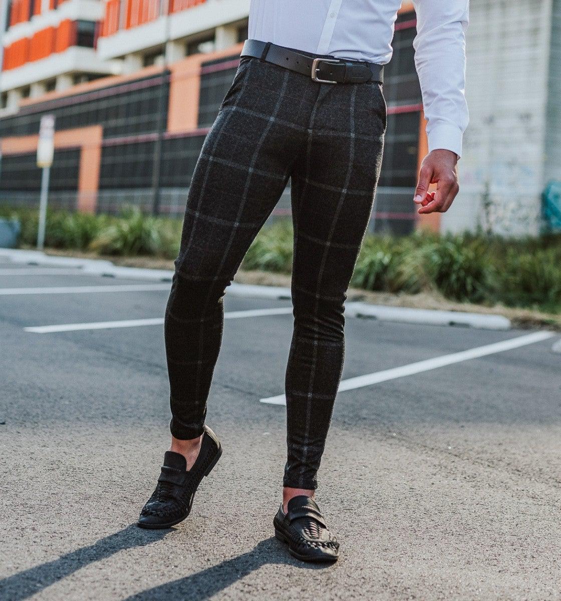 Mens Black Checkered Plaid Skinny Fit Pants | Mens Skinny Fit Formal Trousers | Kojo Fit