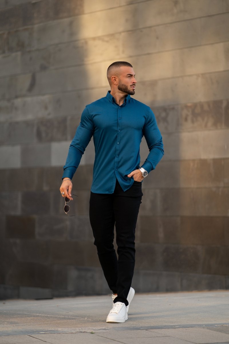 Mens Slim Fit Long Sleeve Dress Shirt - Teal - Muscle Fit Stretch Button Up Shirt, XL Mens Slim Fit Long Sleeve Dress Shirt - Teal - Muscle Fit Stretch Button Up Shirt, XL