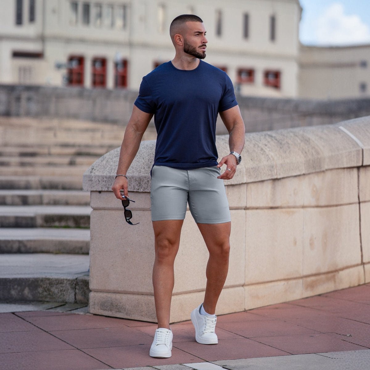 Best 7" length mens grey chino shorts stretch slim fit