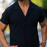 Havana Cuban Collar Stretch Knit Shirt - Black