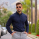 Athletic Built Man Wearing Muscle Fit Dress Shirt in Navy | Kojo Fit