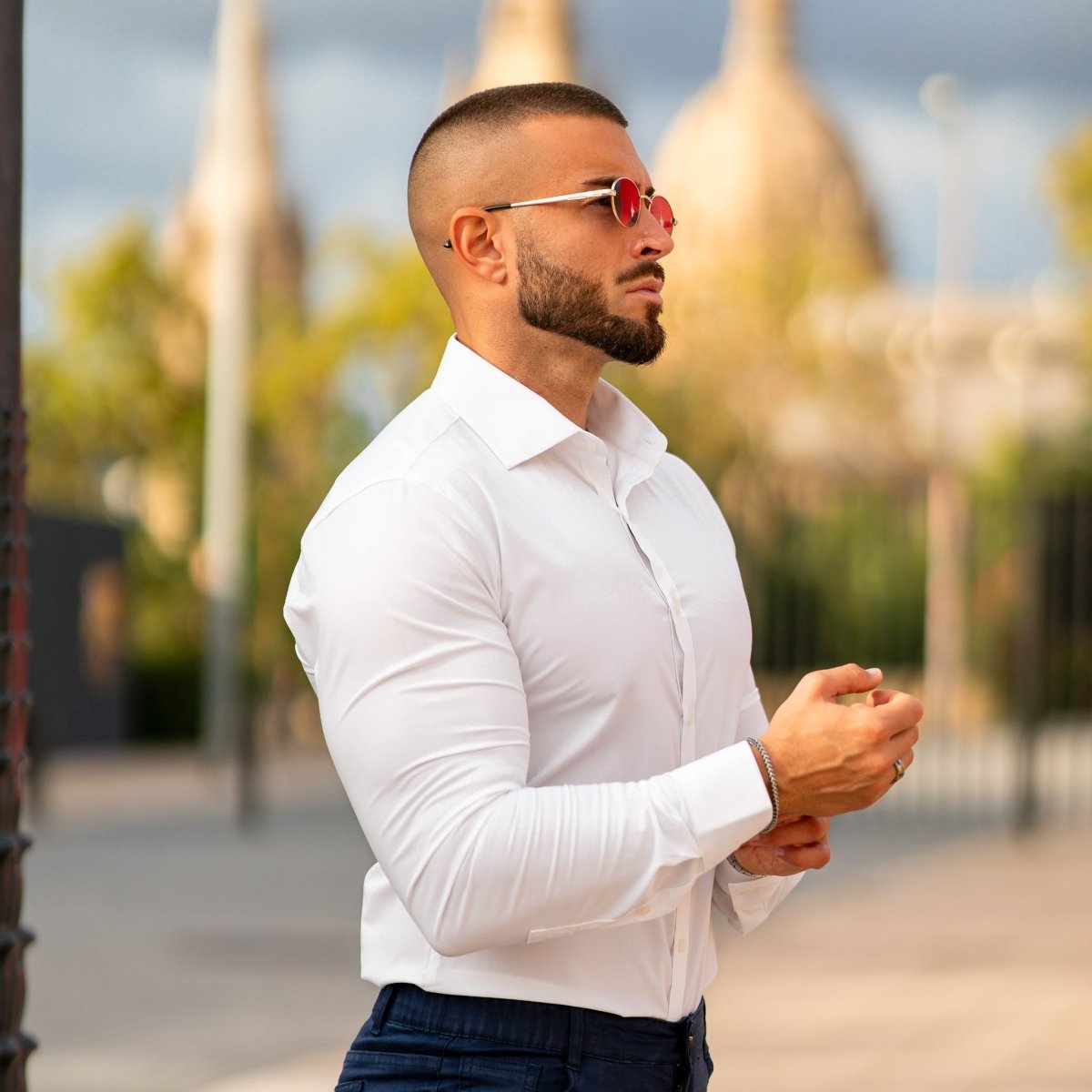 White fitted bicep dress shirt