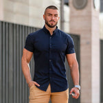 Navy Short Sleeve Muscle Fit Button Up Shirt | Kojo Fit