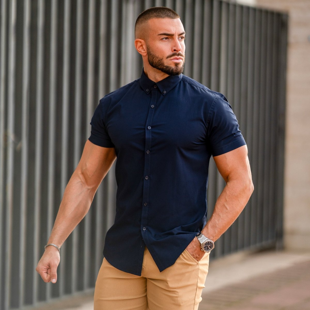 Navy Athletic Fit Short Sleeve Button Down Shirt