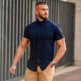 Navy Athletic Fit Short Sleeve Button Down Shirt