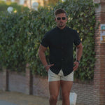 Black Muscle Fit Short Sleeve Shirt with short length 3" chino shorts in cream | Kojo Fit