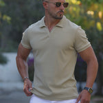 Mens Muscle Fit Polo in Oat Brown with white very short length casual shorts | Kojo Fit