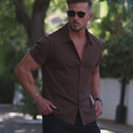 Muscle Fit Dark Brown Short Sleeve with Black Very Short Length shorts that show off legs | Kojo Fit