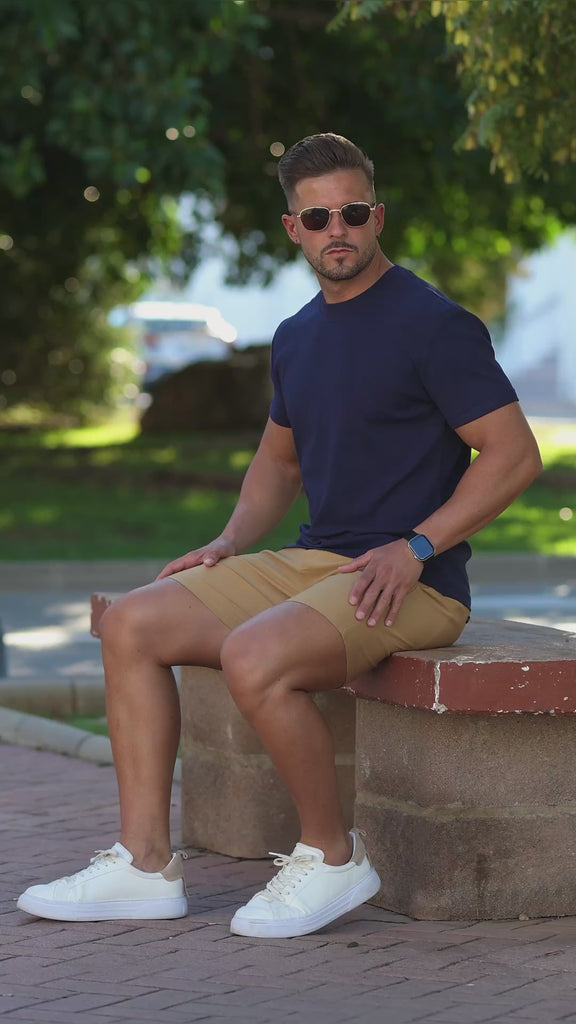 Classy Mens Navy Knit Fitted T-Shirt with Beige 7' Inseam chino shorts | Kojo Fit